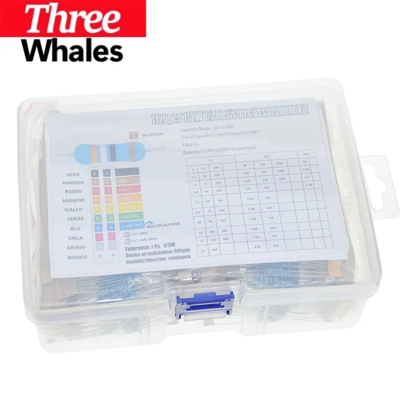 TRH 1120Pcs 1/2W 0.5W 1% 1-2.2M Ohm 56Values Metal Film Resistors 0.5W Resistances Assorted Kit Set For Arduino