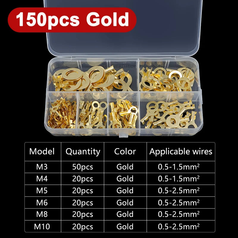 150-540pcs Boxed Terminal Block Connector M3/M4/M5/M6/M8/M10 O-type Ground Lugs Terminal Cold-Pressed Copper Tab Wiring Nose