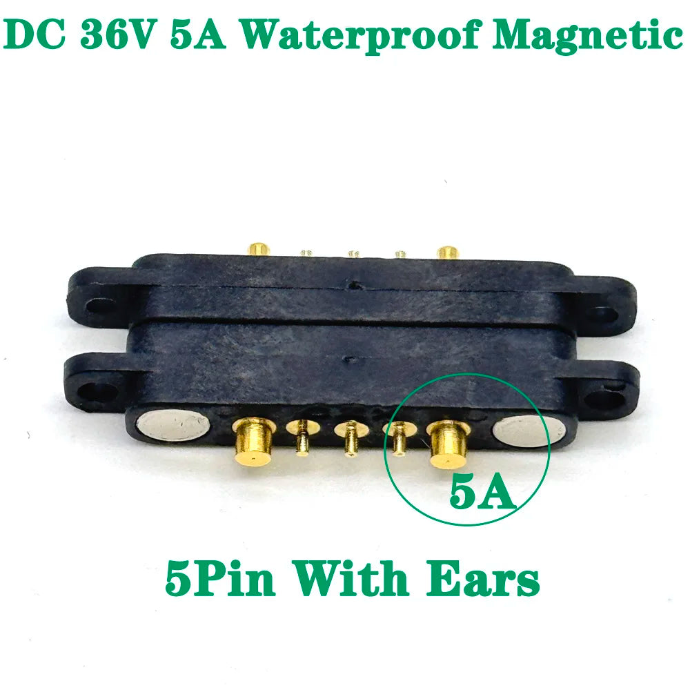 1sets DC 36V 5A Waterproof Magnetic Pogo Pin Connector 5Pin With Ears Pogopin Male Female Spring Loaded DC Power Socket