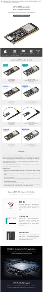 Waveshare ESP32-S3 Microcontroller, 2.4GHz Wi-Fi Development Board, 240MHz Dual Core Processor, ESP32-S3-WROOM-1-N8R8 Module