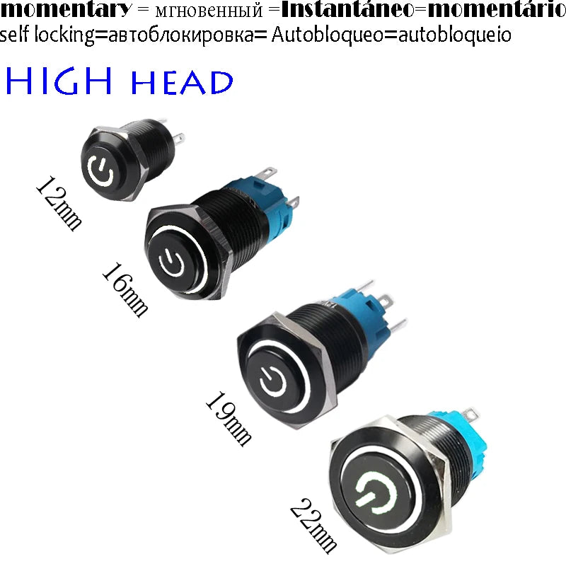 High Head 12/16/19/22mm Black Shell Car Dashboard Waterproof Metal Button Switch LED 12V/24V/220V Self-locking Fixed Momentary