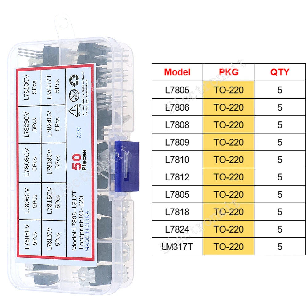 SOP-23 SOP-223 TO-252 TO-92 TO-92L TO-126 TO-220 Mosfet Triode Thyristor Voltage Regulator PNP/NPN Transistor Assortment Kit
