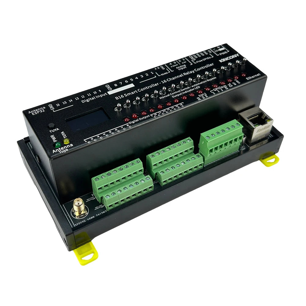 Kincony B16 ESP32-S3 Smart Controller 16CH Relay Output 7CH 1-Wire GPIOs 4CH ADS1115 Analog Input ESPHome Tasmota Tuya SD Card