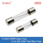 10PCS 5*20/6*30MM Fast Blow Glass Tube Fuse F0.1A 0.2A 0.5A 1A 1.5A 2A 2.5A 3.15A 4A 5A 6.3A 7A 8A 10A 12A 15A 20A 25A 30A 250V