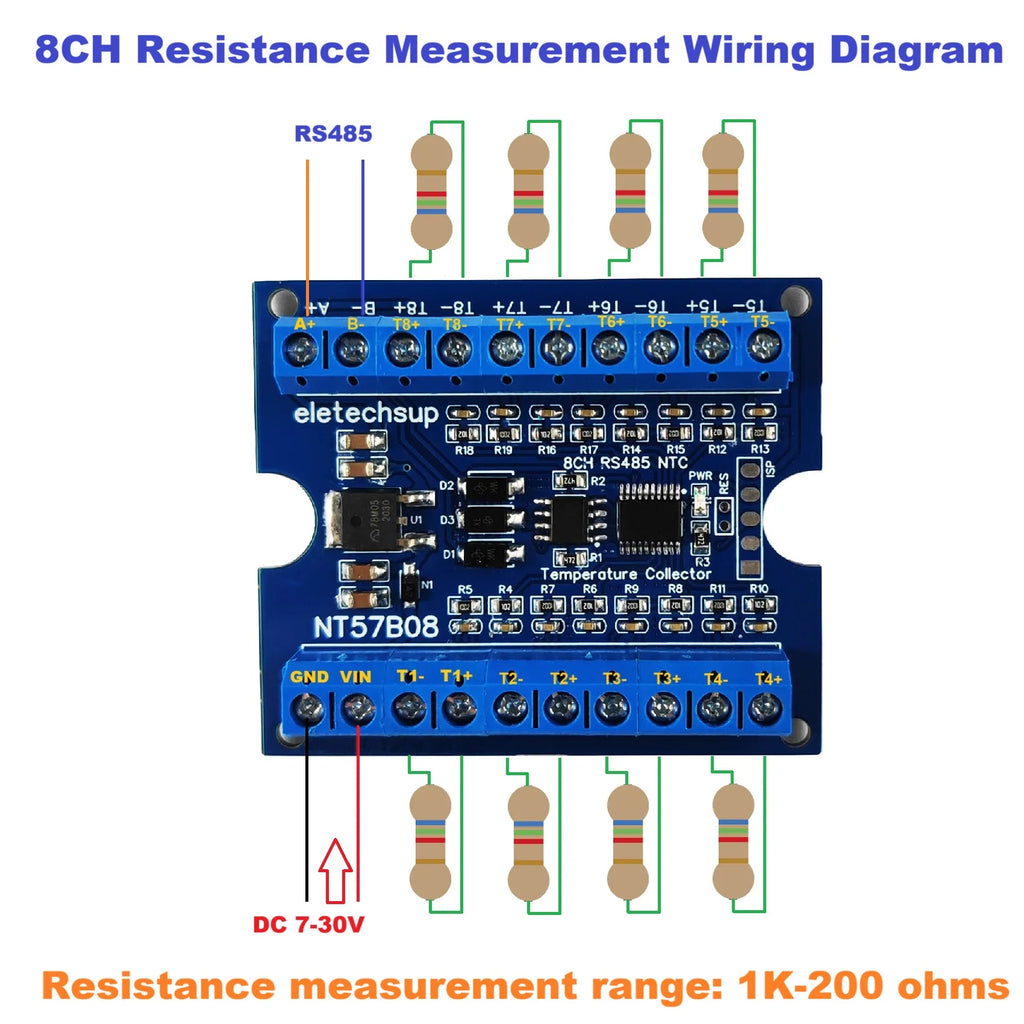 Modbus RTU RS485 NTC Thermocouple Sensors Paperless Recorder Controller 8CH Temperature & Resistance Acquisition Board