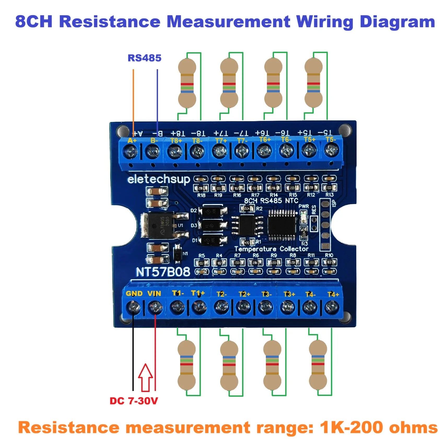 Modbus RTU RS485 NTC Thermocouple Sensors Paperless Recorder Controller 8CH Temperature & Resistance Acquisition Board