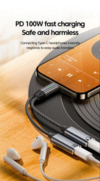 100W PD Fast Charger Cable 2 in 1 USB C Splitter Type USB C Headphones Jack Audio Adapter For Samsung iPhone 16 15 Huawei Xiaomi