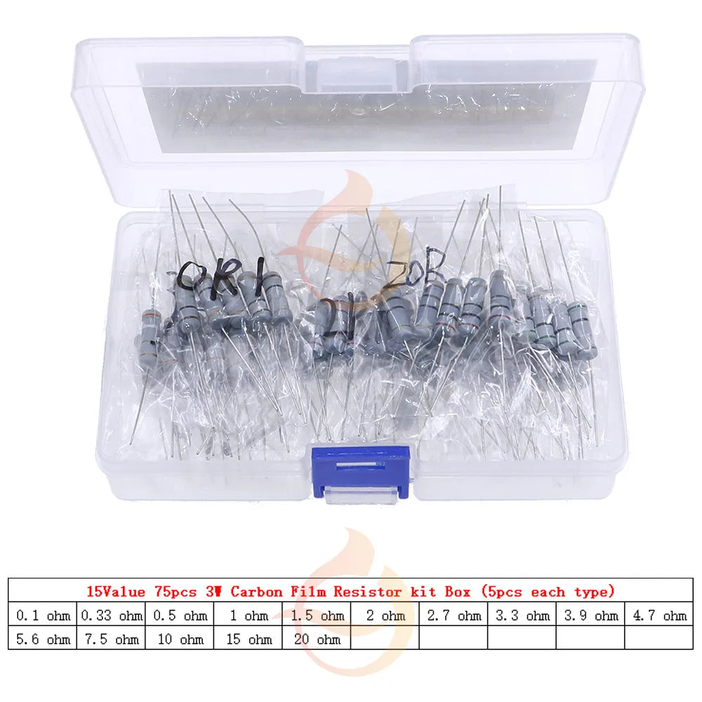 1/8W 1/4W 1/2W 1W 2W 3W 5W  5% 0 Ohm-10m ohm Carbon Film Resistor Assorted Kit With box 1K 2K 5.1K 10K 47K 100K 220K 470K 3M 10M