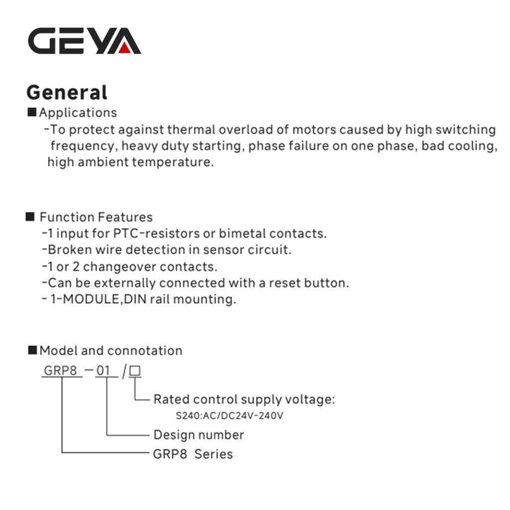GEYA GRP8 PTC Thermistor Motor Protection Relay AC/DC 24-240V Wide Range Overload Overheat Phase Failure Starter Protection