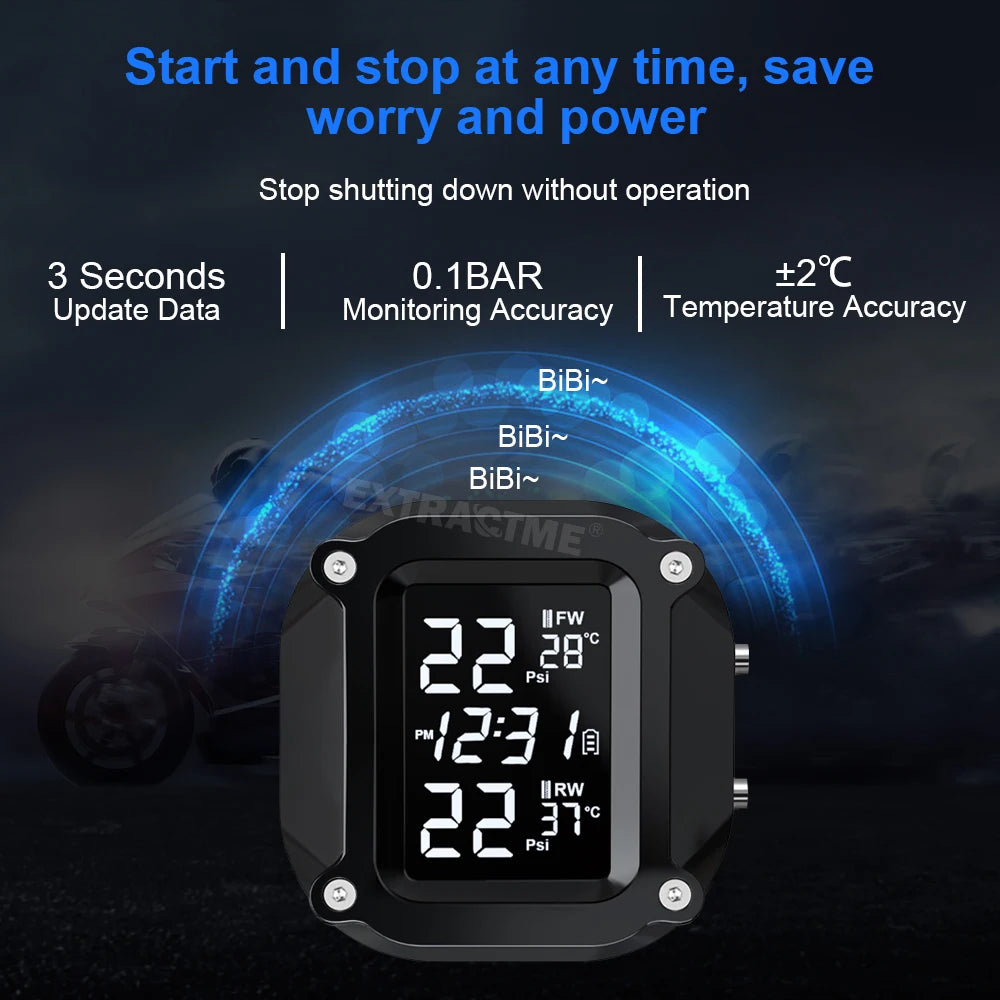 Extractme Tire Pressure Monitoring System Colorful Display Wireless TPMS Motorcycle Solar Charge Tyre Temperature Alarm Sensor