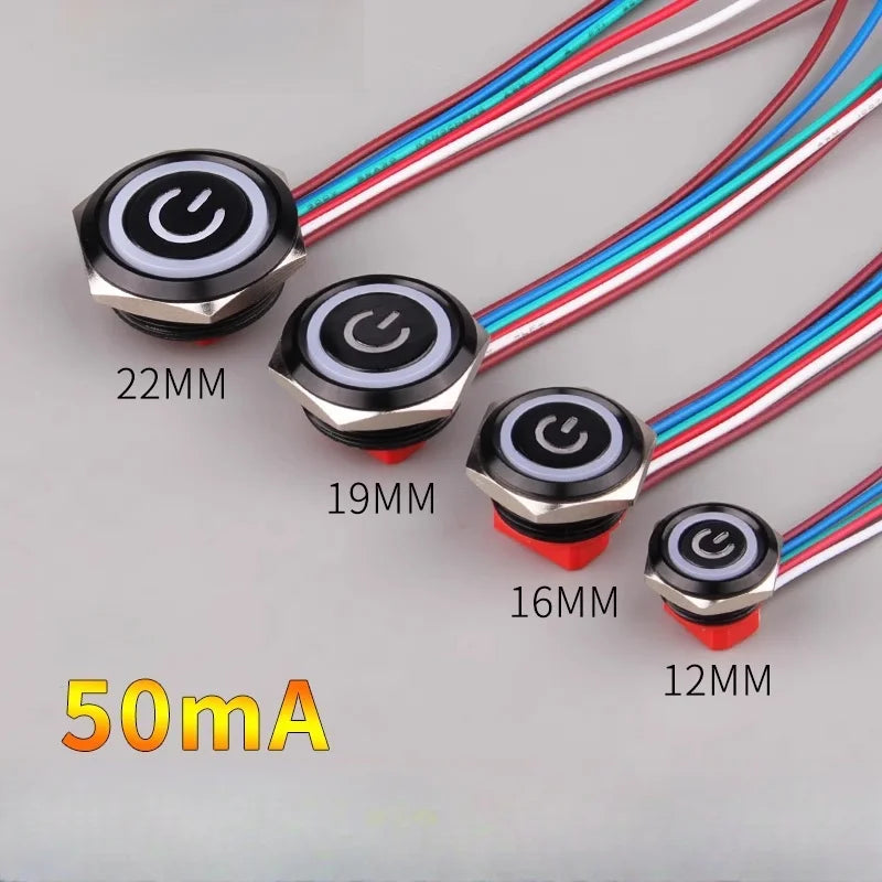 12 16 19 22mm Oxidized Black Ultra-thin Light Touch Button Tri-color Switch Waterproof IP65 Start Power Signal