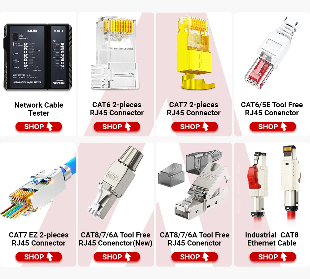 AMPCOM RJ45 Connector, CAT8 STP Tool Free Shielded Modular Plugs CAT7 CAT6A Zinc Alloy Field Termination Plug 40Gbps 2000Mhz