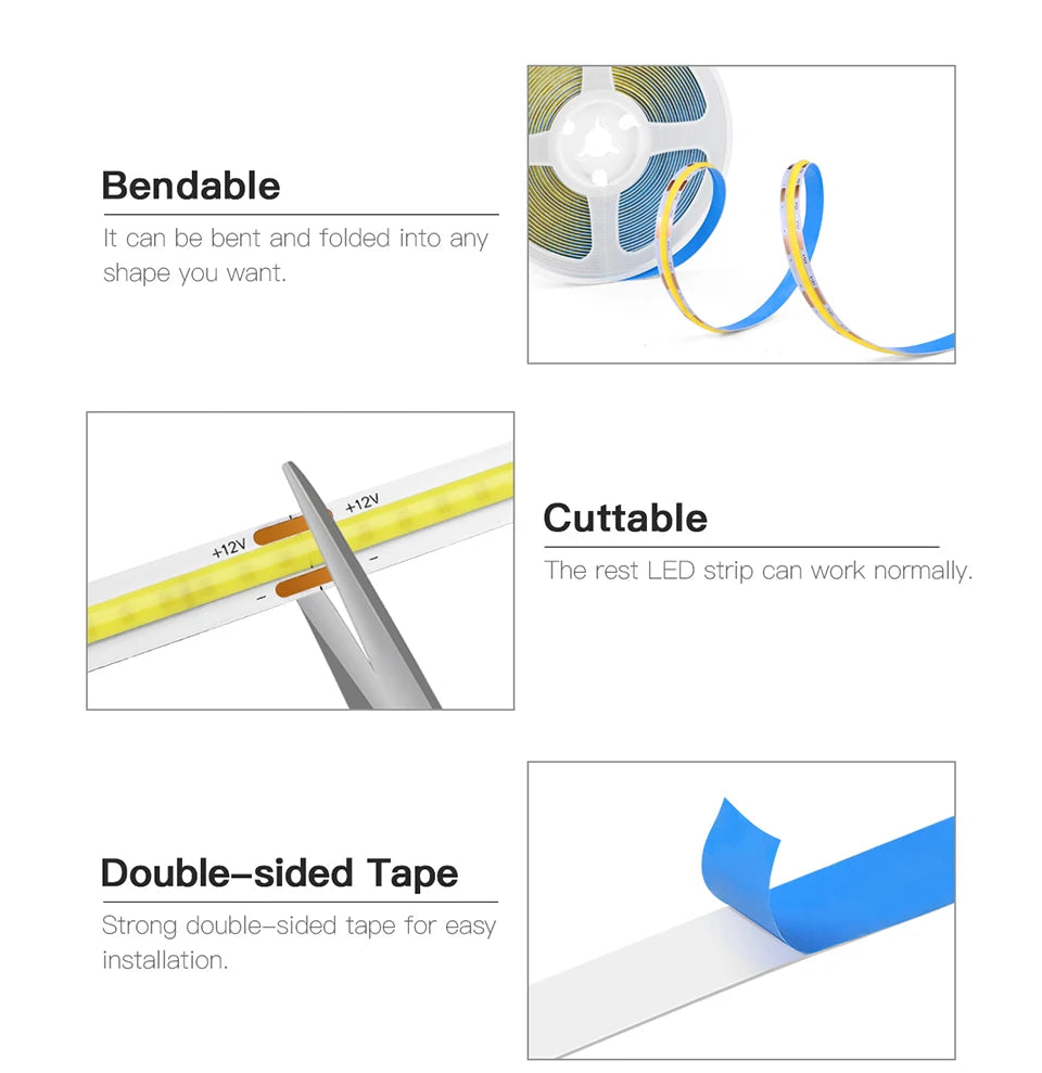 Touch Dimmer and Hand Sweep Induction Switch Flexible COB LED Strip Light 12V 320 LEDs/M LED Light Tape Bedroom Kitchen Lighting