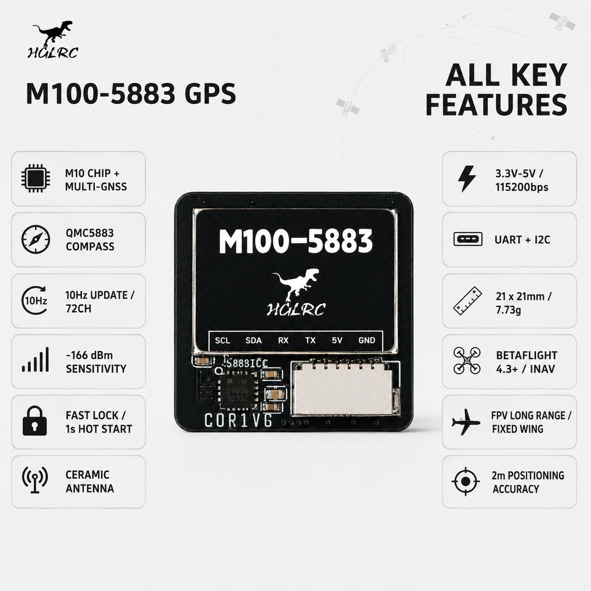 HGLRC M100-5883 Fast Lock M10 GPS Compass Multi GNSS BDS Galileo 72CH UART for FPV Drone Fixed Wing RC Plane M10-25Q Alternative