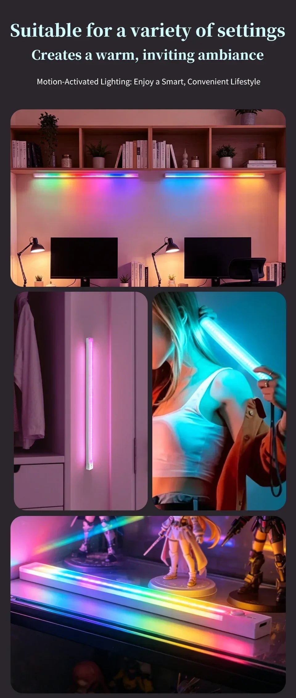 30cm 50cm Magnetic LED RGB Cabinet Light with Motion Sensor USB-C Wireless Night Light with 5 Modes for Closet Gaming Atmosphere