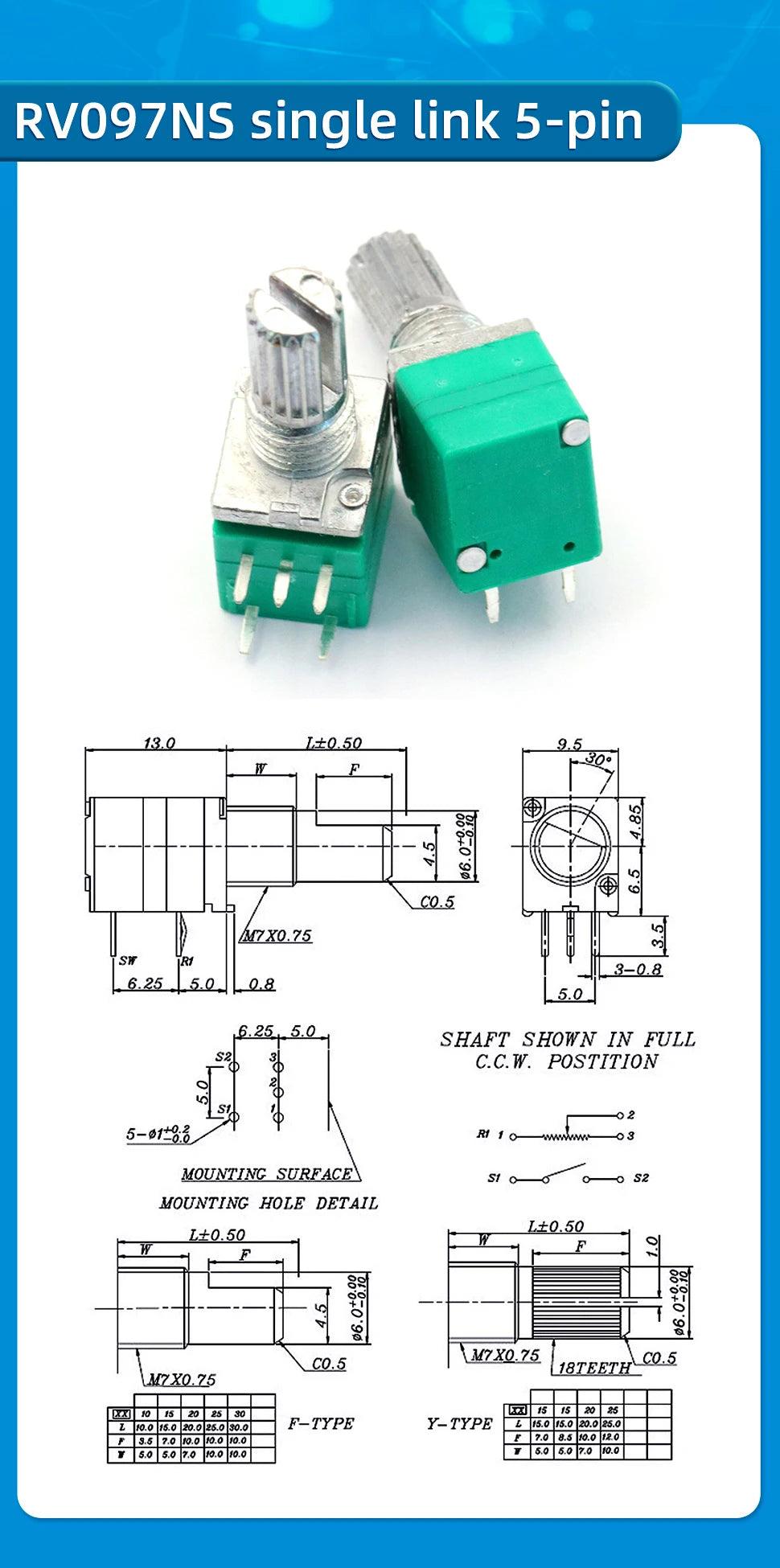 5PCS RK097NS G Single Double Potentiometer B5K/10K/20K/50K/100K Power Discharge Bit Speaker Audio