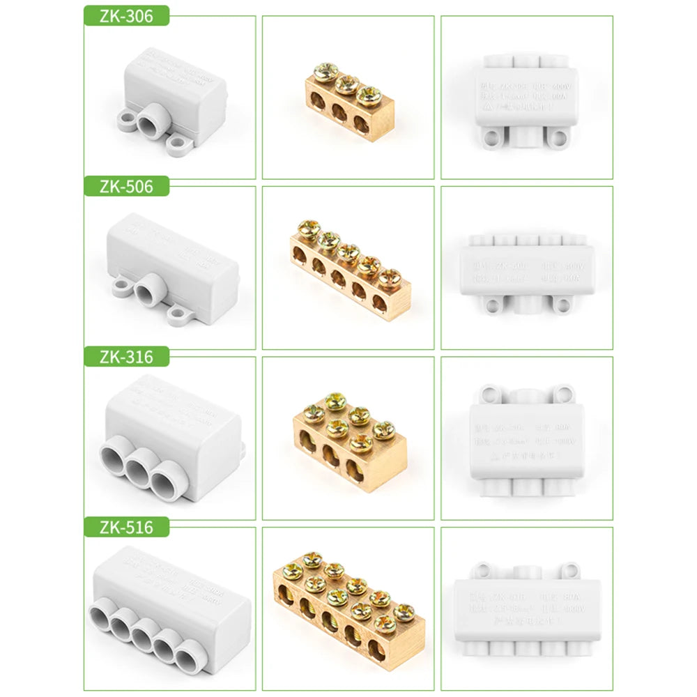 1 Into 2/4 Out 60A/400V 1-6mm2 Wire Connector High Power Cable Splicing Wiring Terminal Block 80A/1000V 2.5-16mm2 Junction Box