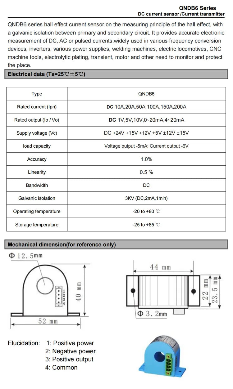 AC DC Hall Effect Current Sensor Output RS485 4~20mA QNDB6 Input 1A 5A 10A 20A 30A 50A 75A 100A Transducer Current Transmitter