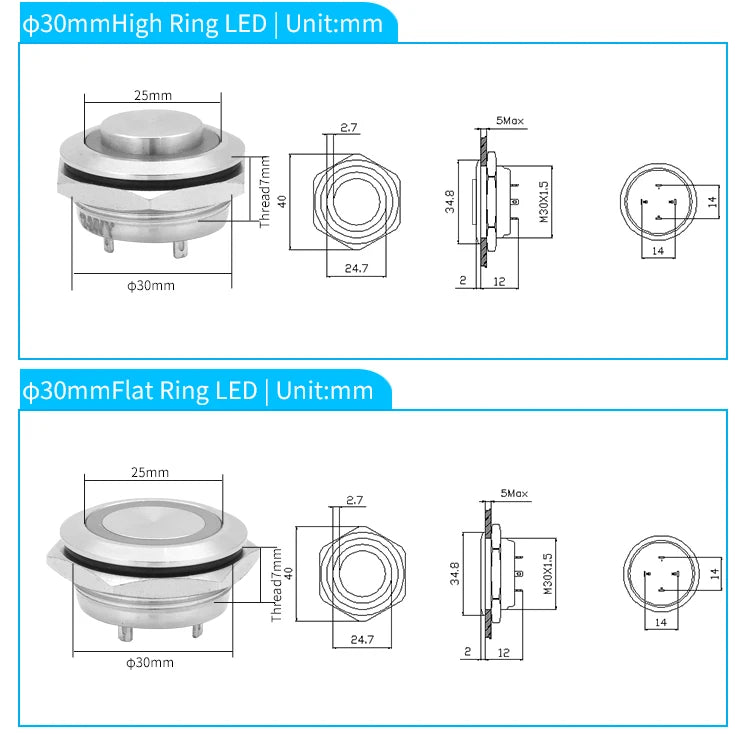12mm 16mm 19mm 22mm Ultra Short Micro Stroke Stainless Steel Push Button Switch with LED Lamp Waterproof Self-reset/Momentary