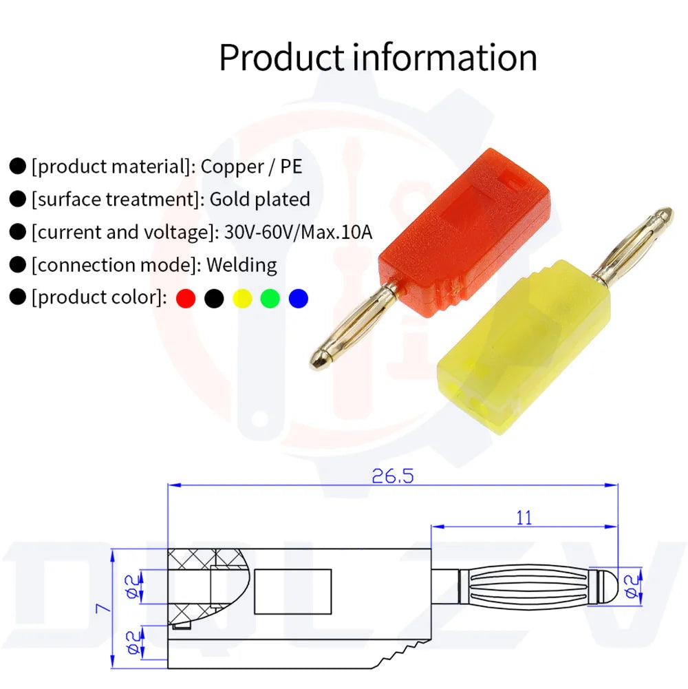 2MM Stackable Banana Plug Gold Plated Copper Mini Connector with 2mm Socket Jack Welded/soldered 30V/10A
