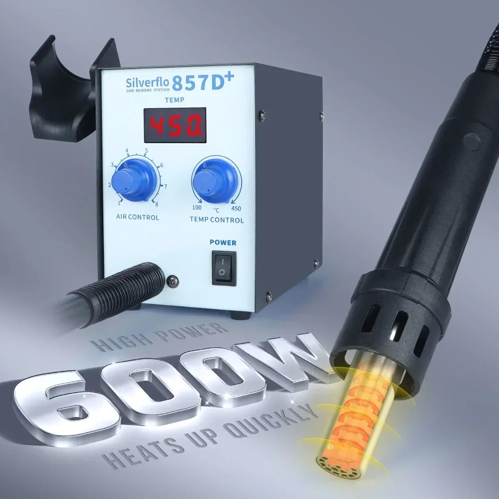 Silverflo Soldering Station 600W 857D+Hot Air Rework Welding Station Heat Gun With Twin-Turbo Blower for BGA SMD SOIC Repair