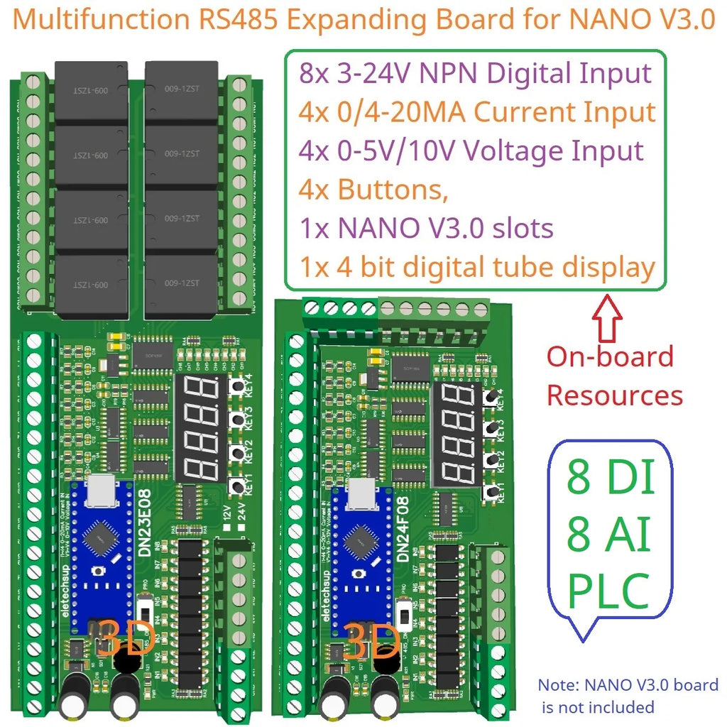 8AI-8DI-8DO Multifunction IO Expanding Module for ARDUINO NANO V3.0 RS485 Modbus RTU Open PLC LED Current Voltage Sensor