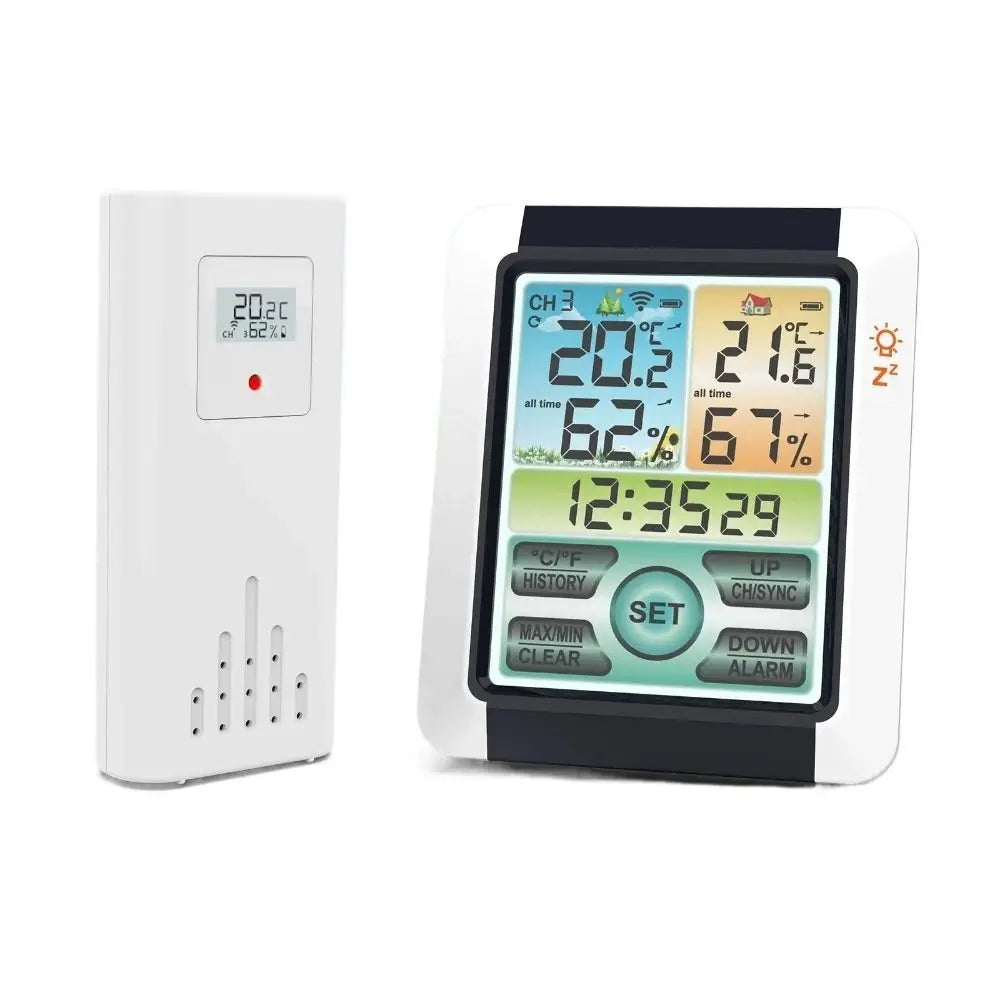 Wireless Temperature and Humidity Meter Barometer Alarm Clock Digital Weather Station Touch Screen Display Hygrometer