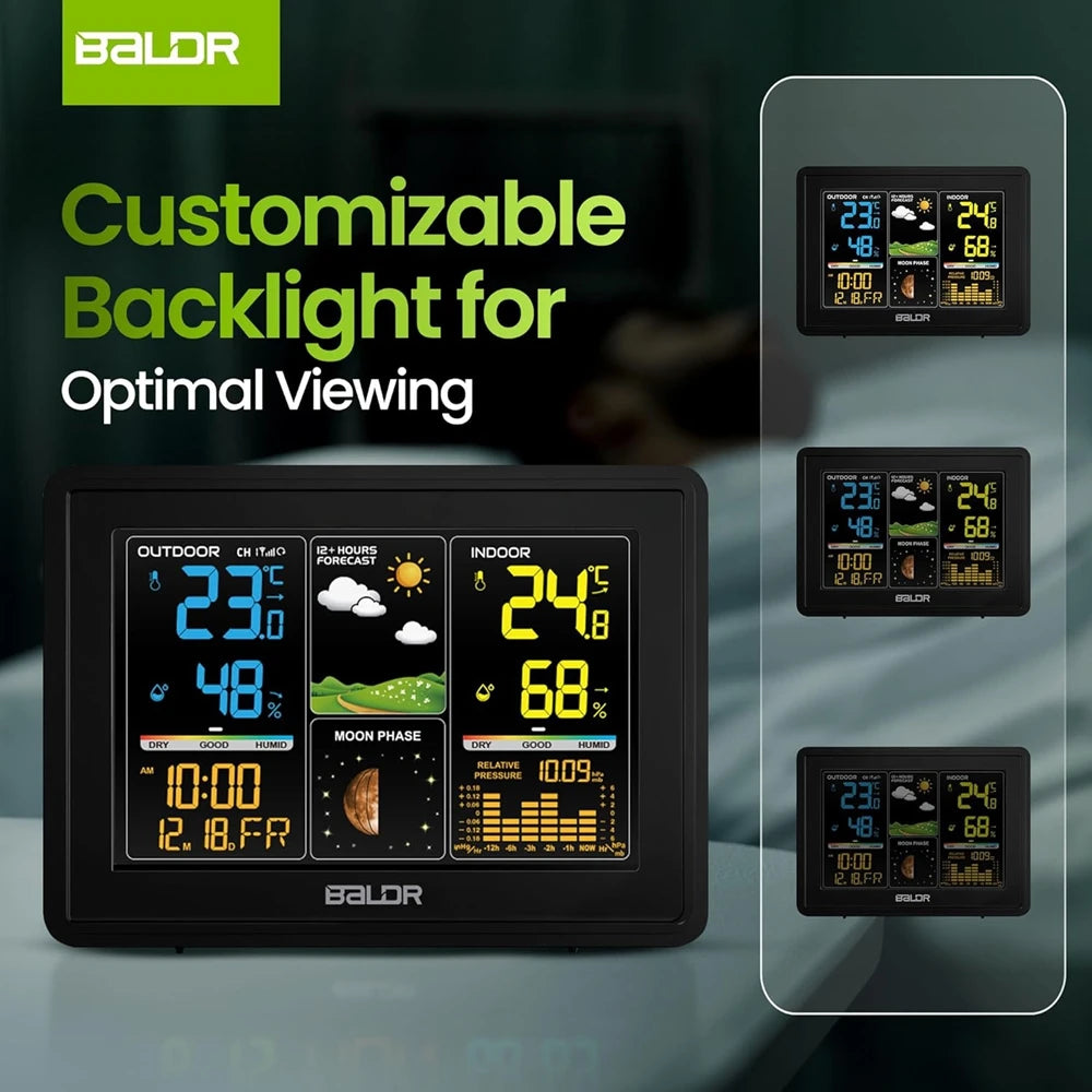 BALDR Wireless Digital Weather Station RCC Atomic Alarm Clock Calendar Temperature Humidity Moon Phase Barometer Forecast Sensor