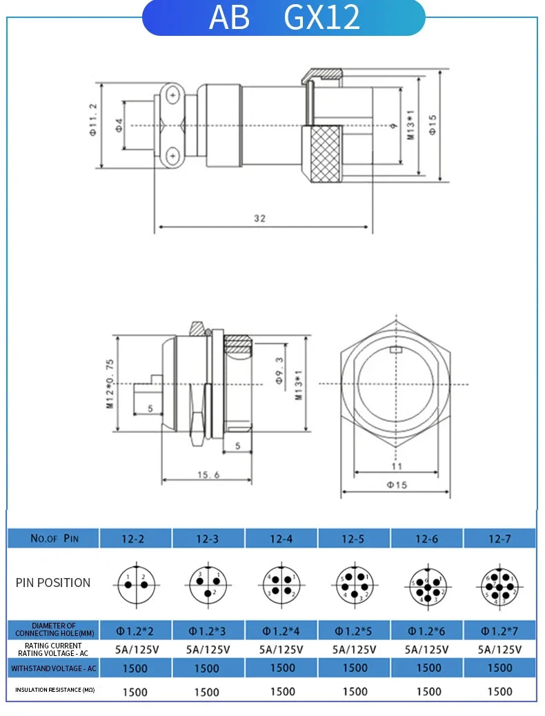 GX12 GX16-2/3/4/5/6/7/8/9/10Pin Electronic Connection Waterproof Heat-resistant Male Female Connectors With 1M Cable