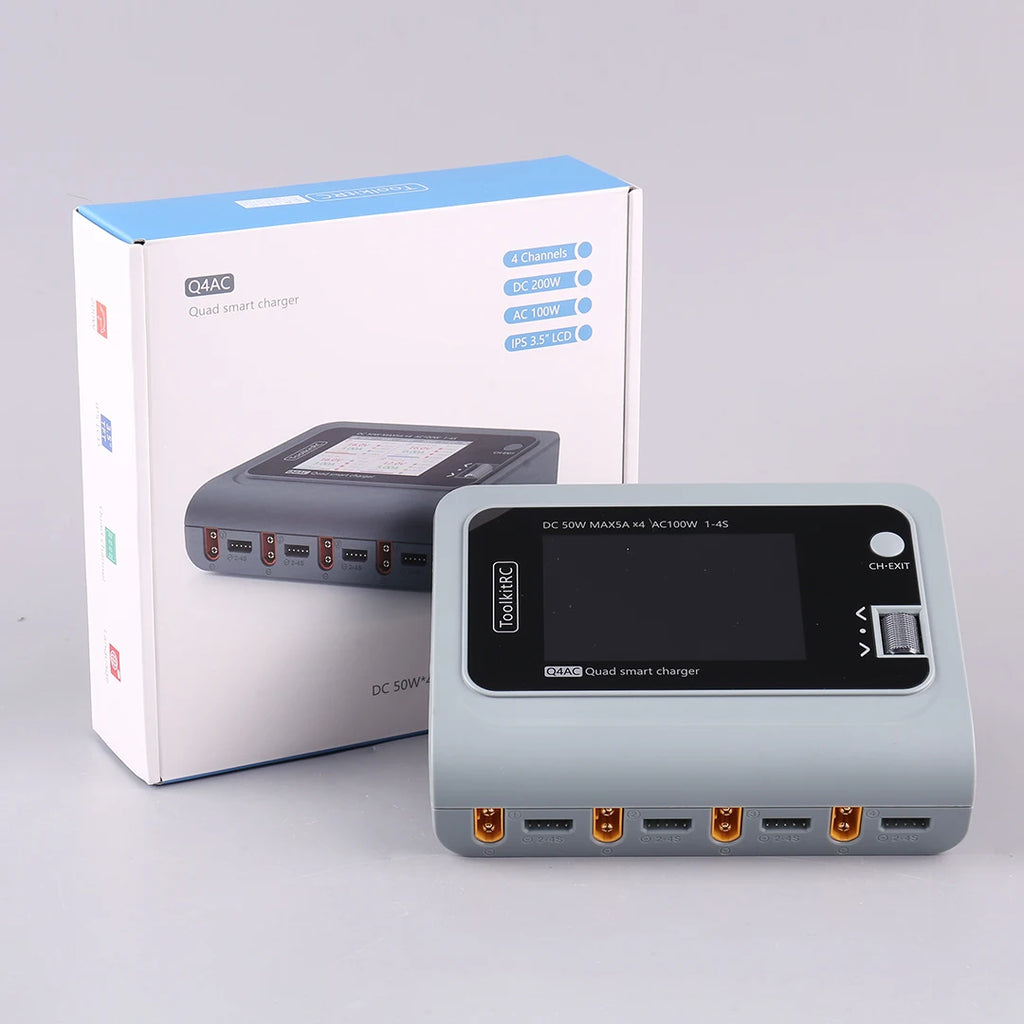 ToolkitRC Q4AC 4x50W 5A AC 100W 4 Port DC Smart Discharger Charger XT60/XT30 Optional for 1-4S Lipo Battery