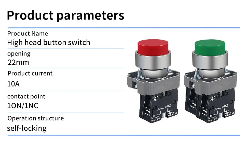 10Pcs 22MM High head Momentary Push Button Switch 1NO1NC SPDT 10Amp 600V Metal Head Waterproof IP65,Control power button switch