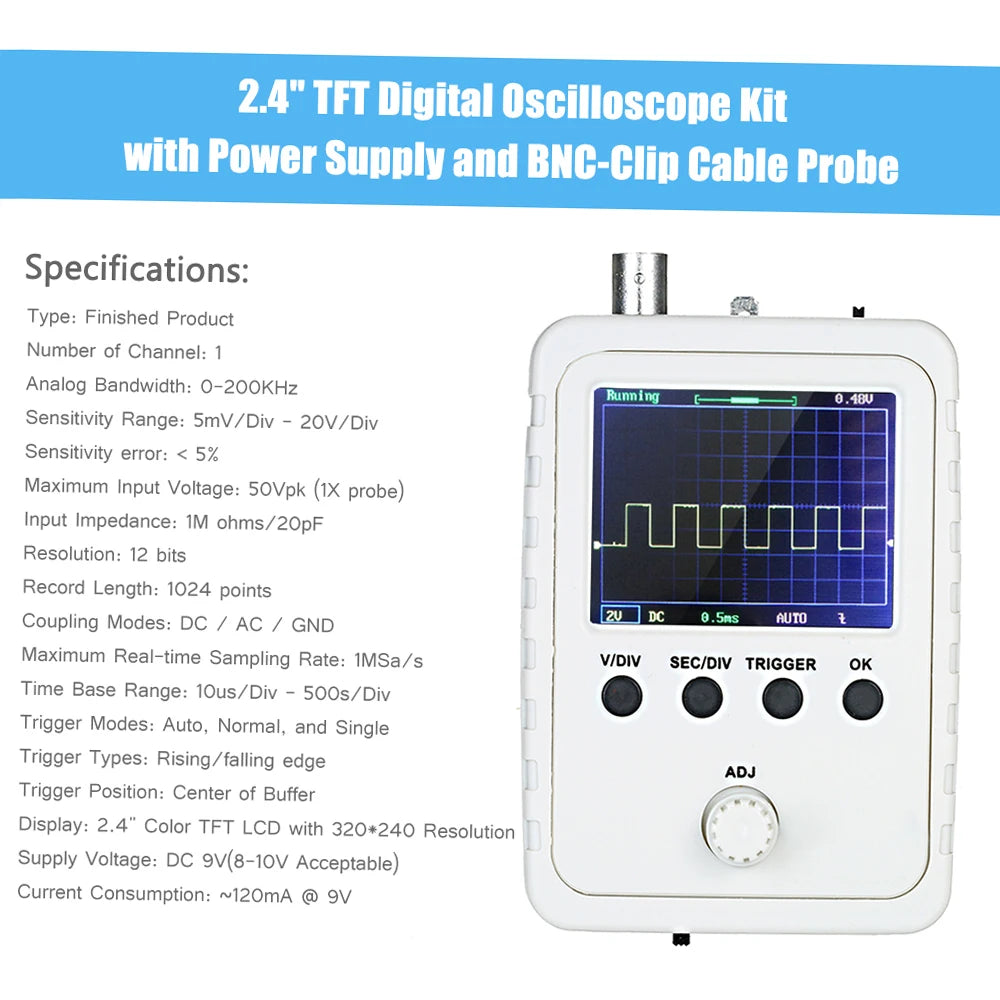 Updated 2.4" TFT Digital Oscilloscope Kit 0-200KHz Bandwidth and 1M Sampling Rate with Power Supply and BNC-Clip Cable Probe