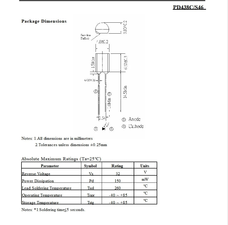 10 20 50 100 PCS PD438C/S46 4.8mm Semi-Lens Silicon PIN Photodiode infrared receiver diode, side silicon photovoltaic cell