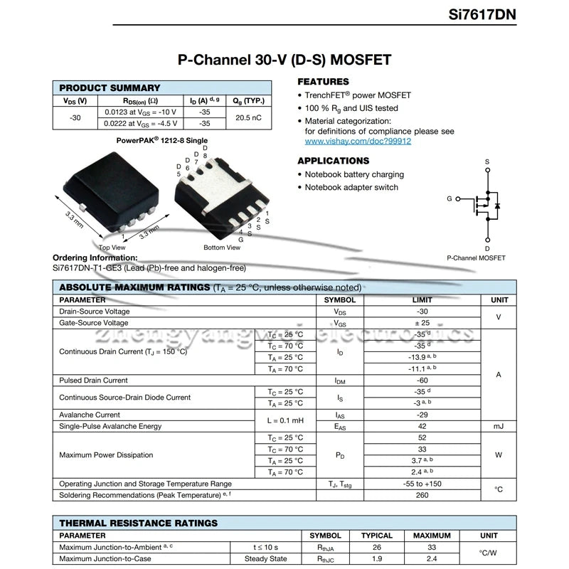 SI7617DN-T1-GE3 PowerPAK1212-8 7617 5PCS 35A SI7617DN P-Channel 30V (D-S) MOSFET