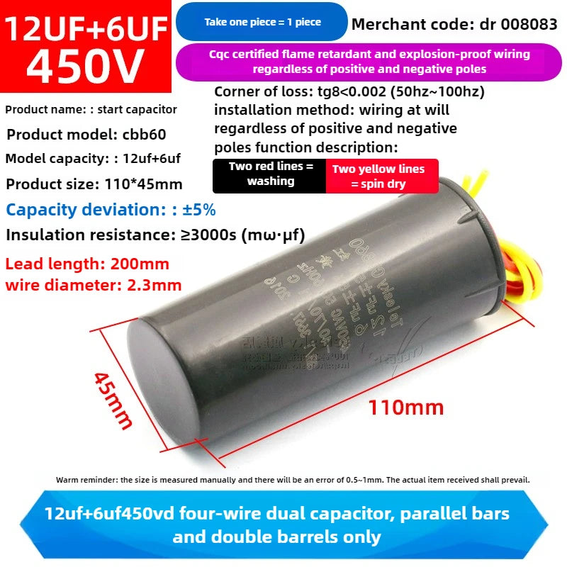 CBB60 Capacitor 450V AC Motor Run Capacitors 3/4/5/6/8/10/12/14/15/16/18/20/30/35/40/50/60/70UF for Washing Machine, Water Pump