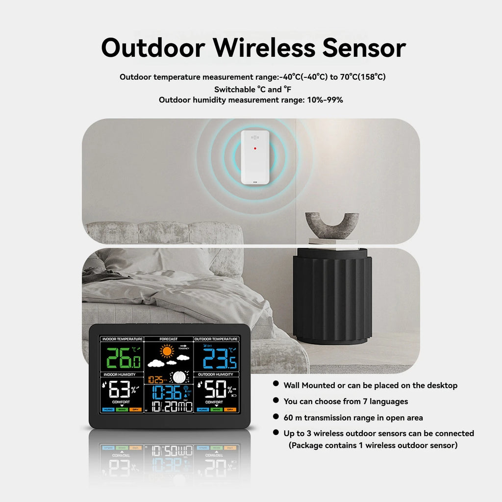 Large Screen Weather Clock Weather Station Wireless RF Temperature Humidity Monitor with Weather Forecast Remote Sensor
