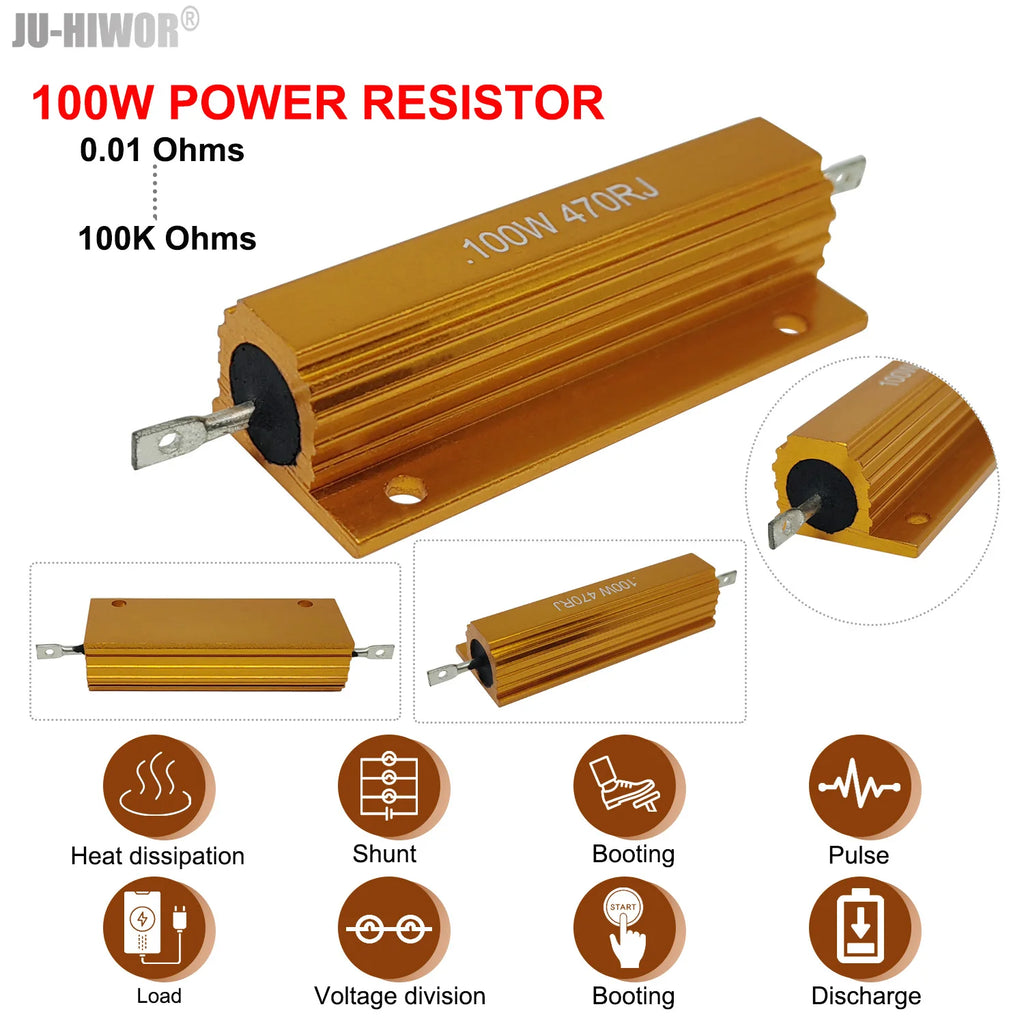 100W RX24 Aluminum Power Metal Shell Case Wirewound Resistor 0.01 ~ 100K 0.1 0.5 1 1.5 2 6 8 10 20 100 150 200 300 1K 10K ohm