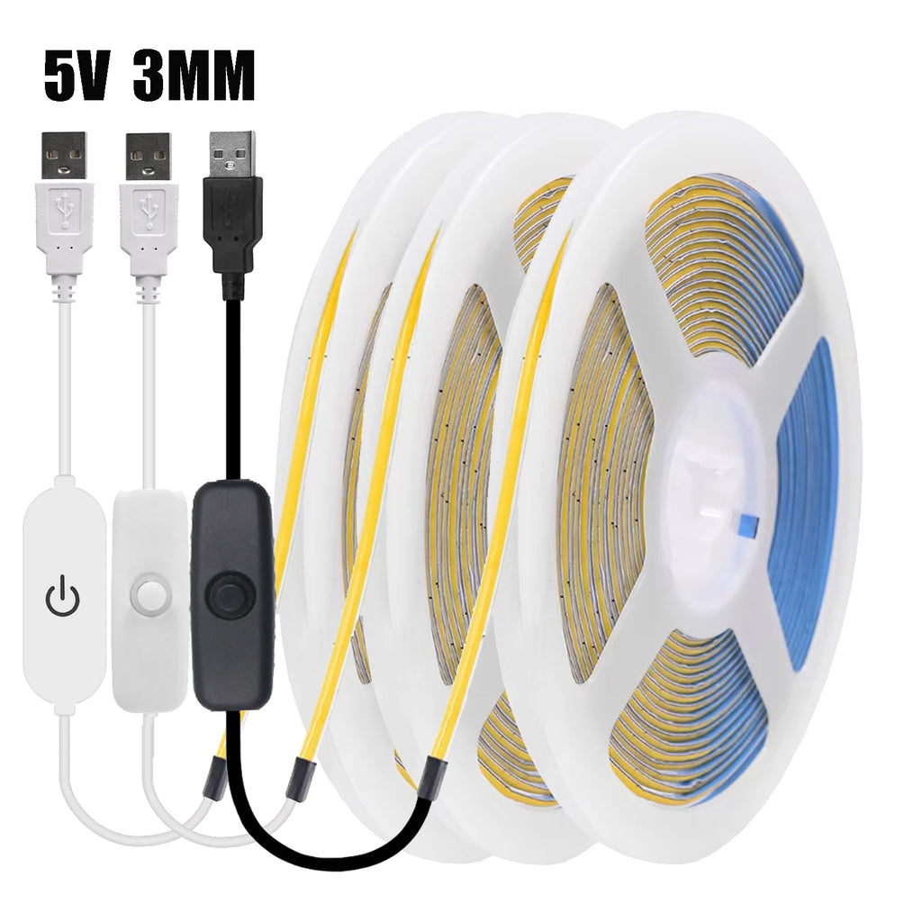USB 3mm COB LED Strip Light 5V Flexible LED Tape with Dimmer/ON OFF Switch 320LEDs High Density Linear Lighting Backlight Decor