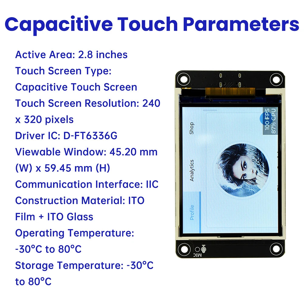 ESP32‑S3 2.8 inch 240x320 TFT LCD Capacitive Touch Type‑C WiFi BLE Mic Speaker TF‑Slot Li‑ion Charge For AI Voice IoT Project
