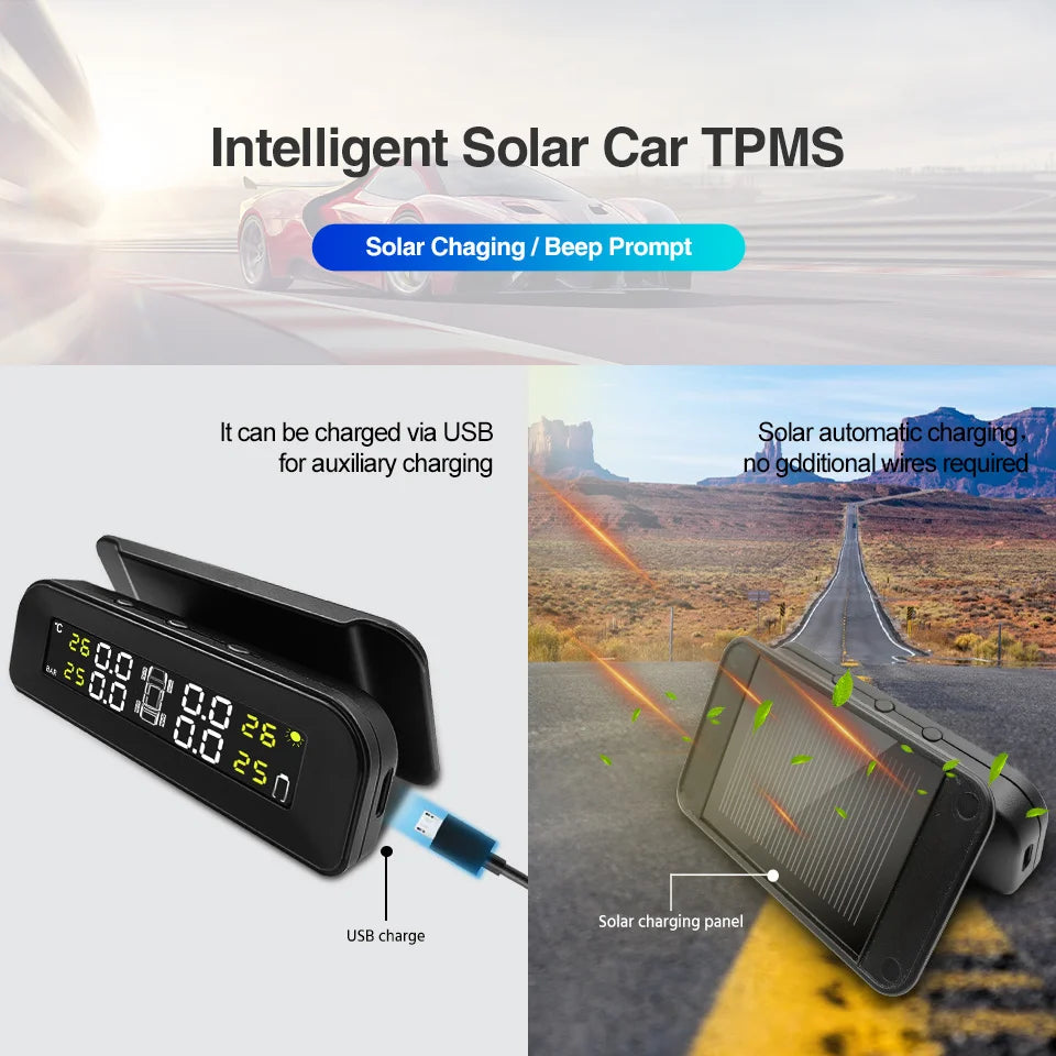 E-ACE K07 TPMS Solar Sensor Intelligence Wireless Tire Pressure Monitoring System Temperature Warning With 4 Sensors
