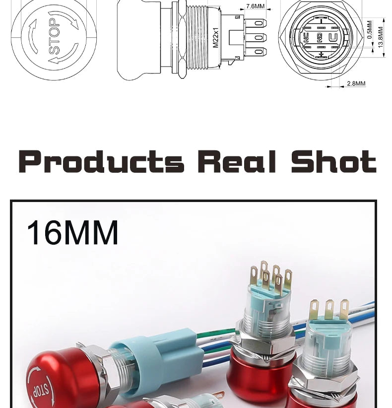 16MM 19MM 22MM 1NO1NC 3Pin 6Pin Mushroom Head Turn-Reset Stainless Steel 304 Metal Emergency Stop Button Switch