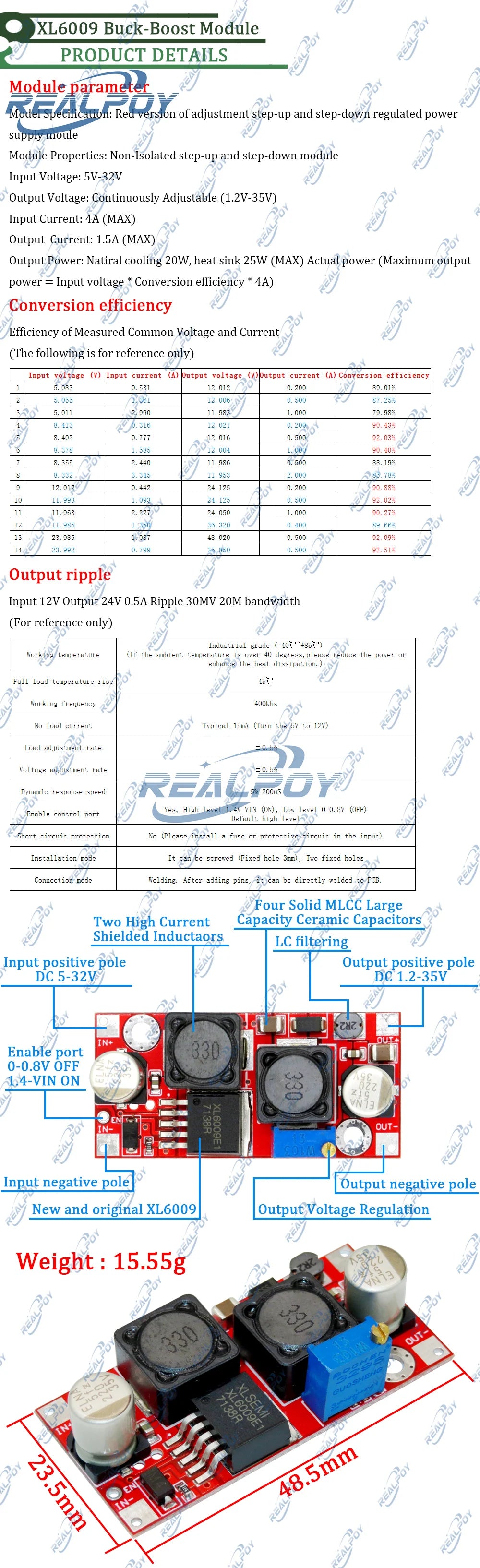 XL6009 4A Boost Converter Step Up Adjustable 15W 5-32V to 5-50V DC-DC Power Supply Module High Performance Low Ripple
