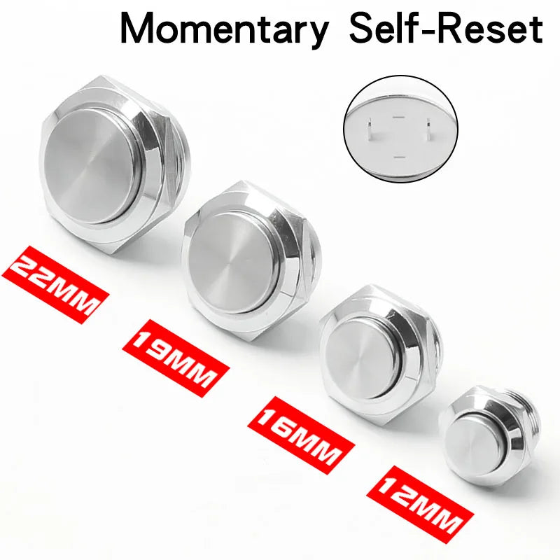 12/16/19/22mm Metal Push Button Switch Short Stroke Silver Shell Waterproof High Head With Power LED Light Momentary 1NO 6V 24V