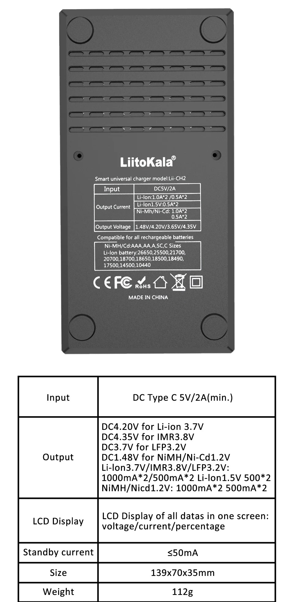 LiitoKala Lii-CH4 Smart Charger for 18650/21700/26650/AA/AAA/Ni-MH/Li-ion,1.2V/1.5V 4-Slot Fast Charge, USB-C, Auto Detect