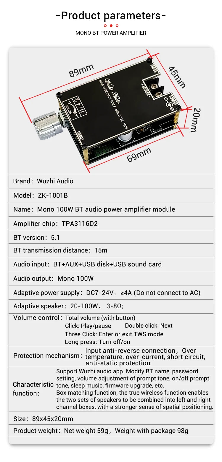 100W Bluetooth 5.1 TPA3116D2 Mono Bt Audio Power Amplifier Module AMP Amplificador Home Theater With TWS Mode 1001B
