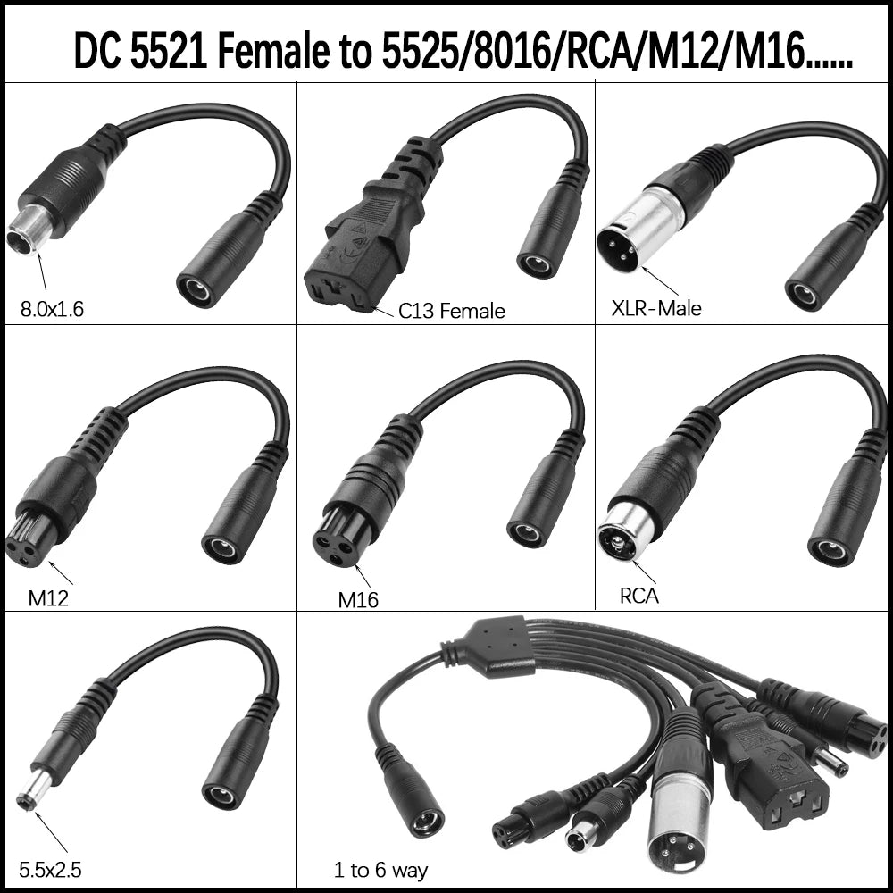 1PC DC Adapter Converter Plug 5.5mm*2.1mm Female to XLR 3Pin 5.5*2.5MM 8.0x1.6MM RCA M12 M16 IEC C13 Power Adapter Connector