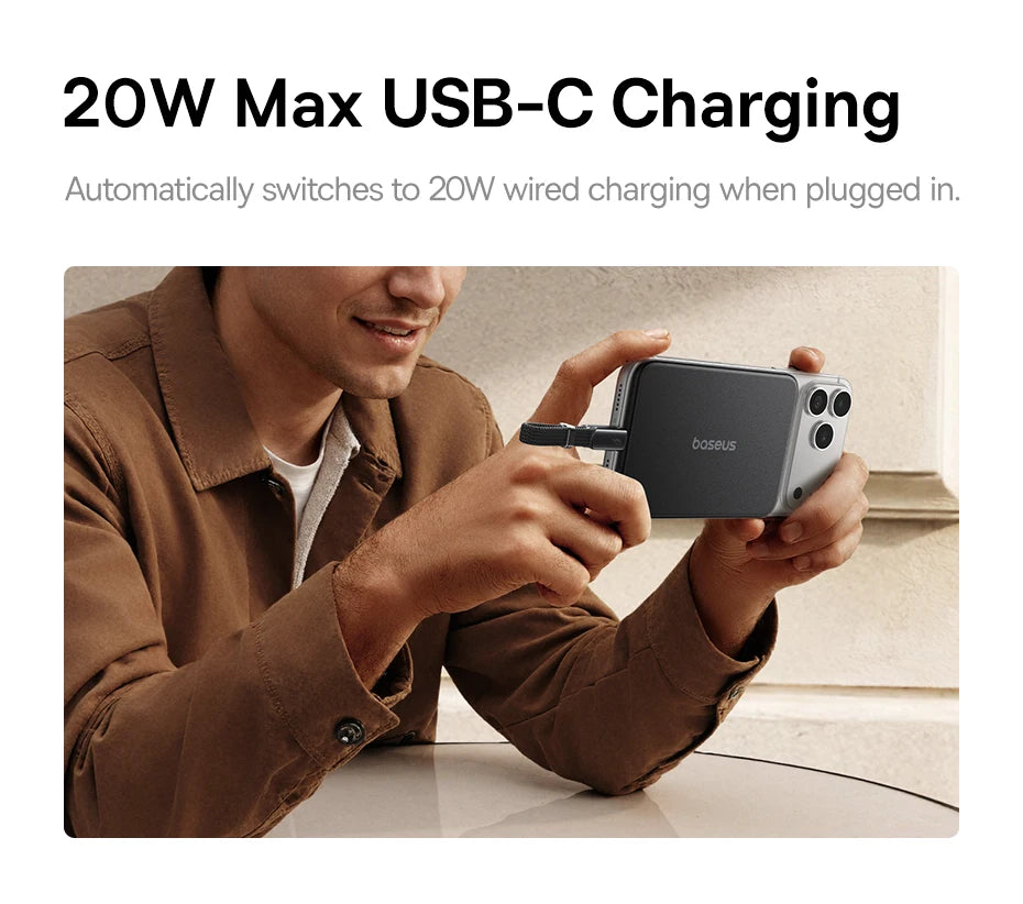 Baseus 5000mAh Magnetic Power Bank 22.5W USB-C & 7.5W/15W Wireless Charging 6.9mm Card-Slim NFC Battery Monitoring for iPhone 17