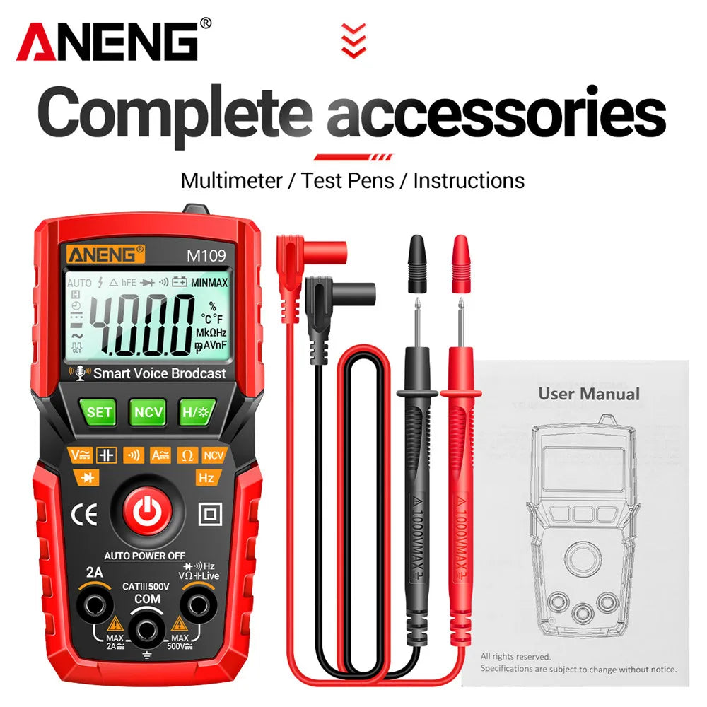 ANENG M109 Smart Multimeter Tester AC/DC Voltage Voice Broadcast Meter NCV Capacitance Continuity Professional Electrical Tools