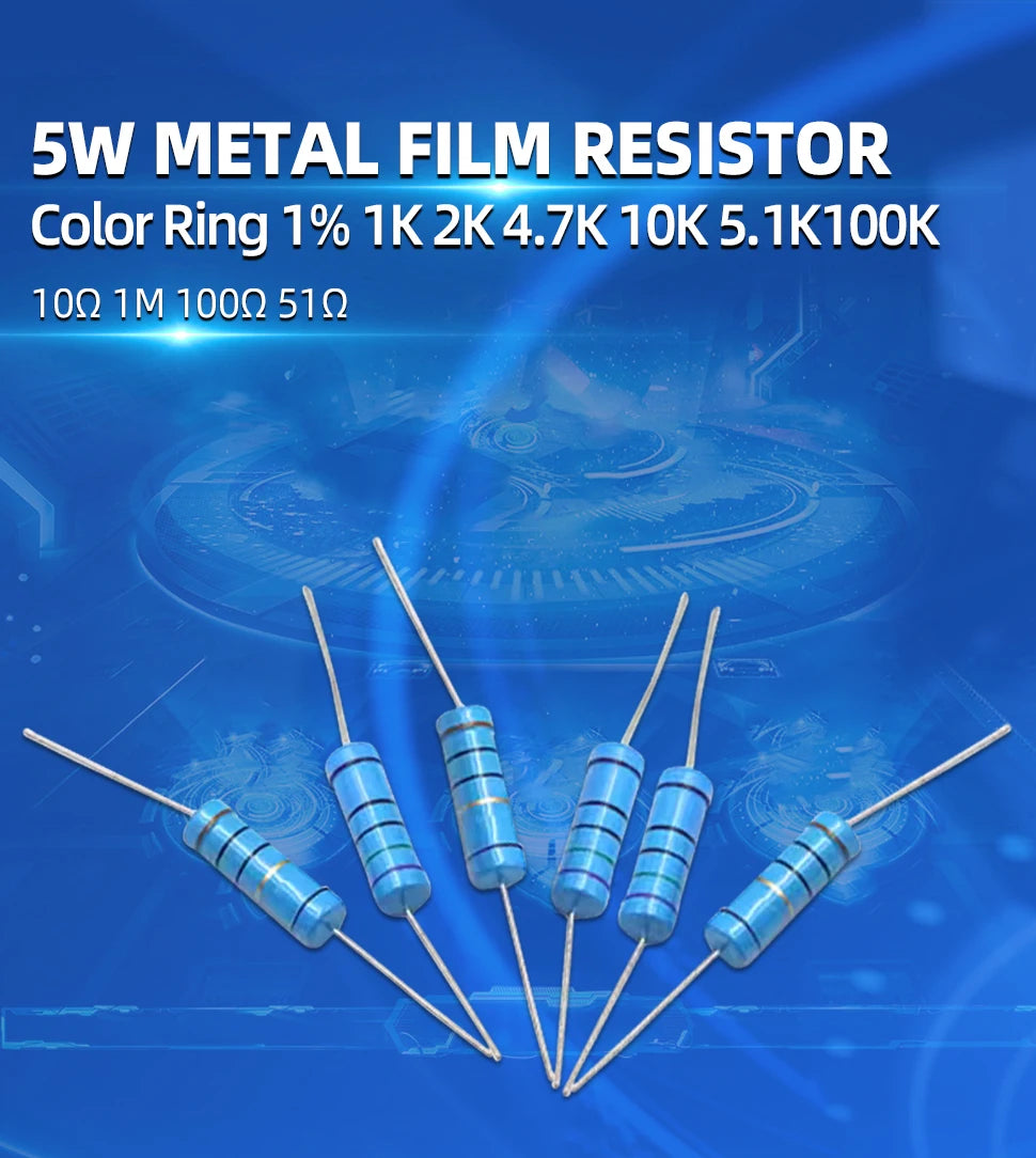 10pcs 5W Metal Film Resistor 1% 1Ω - 1MΩ 2 2.2 10 15 47 100 120 390 470 820 1K 1.2K 3K 8.2K 22K 20K 33K 47K 150K 330K 560K ohm