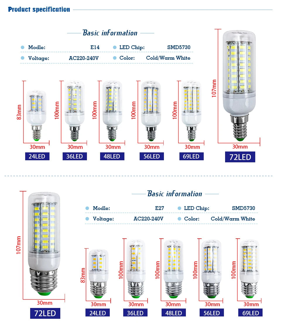 LED Bulb Lamp E27 E14 220V Corn Light Bulbs 24 36 48 56 69 72Leds 5730SMD Lampada Led Diode Lamps Energy Saving Lights for Home